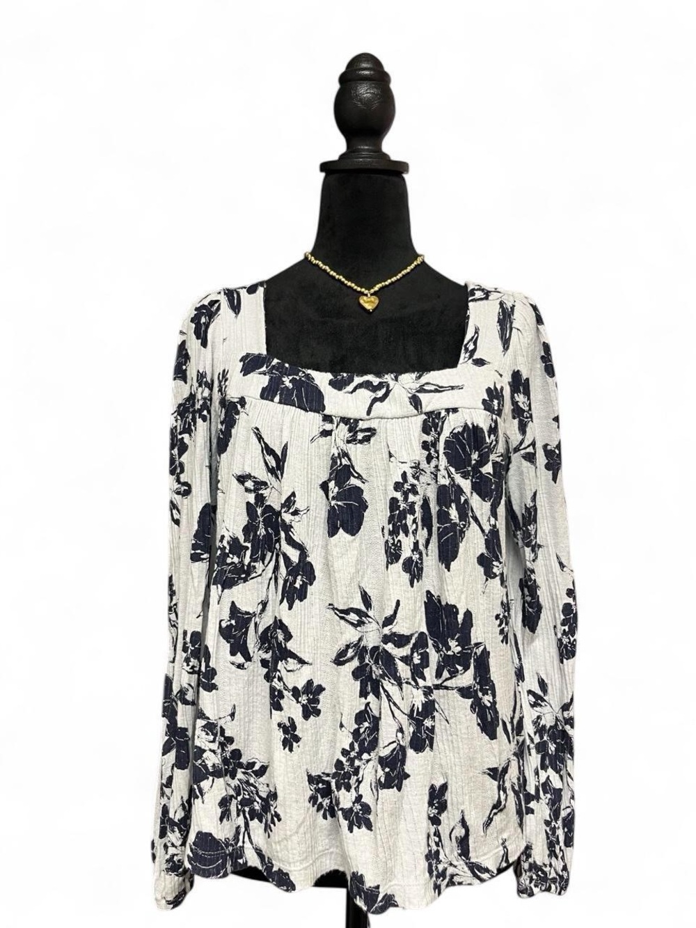 Lucky Brand Black Floral Boho Long Sleeve Peasant Blouse Medium